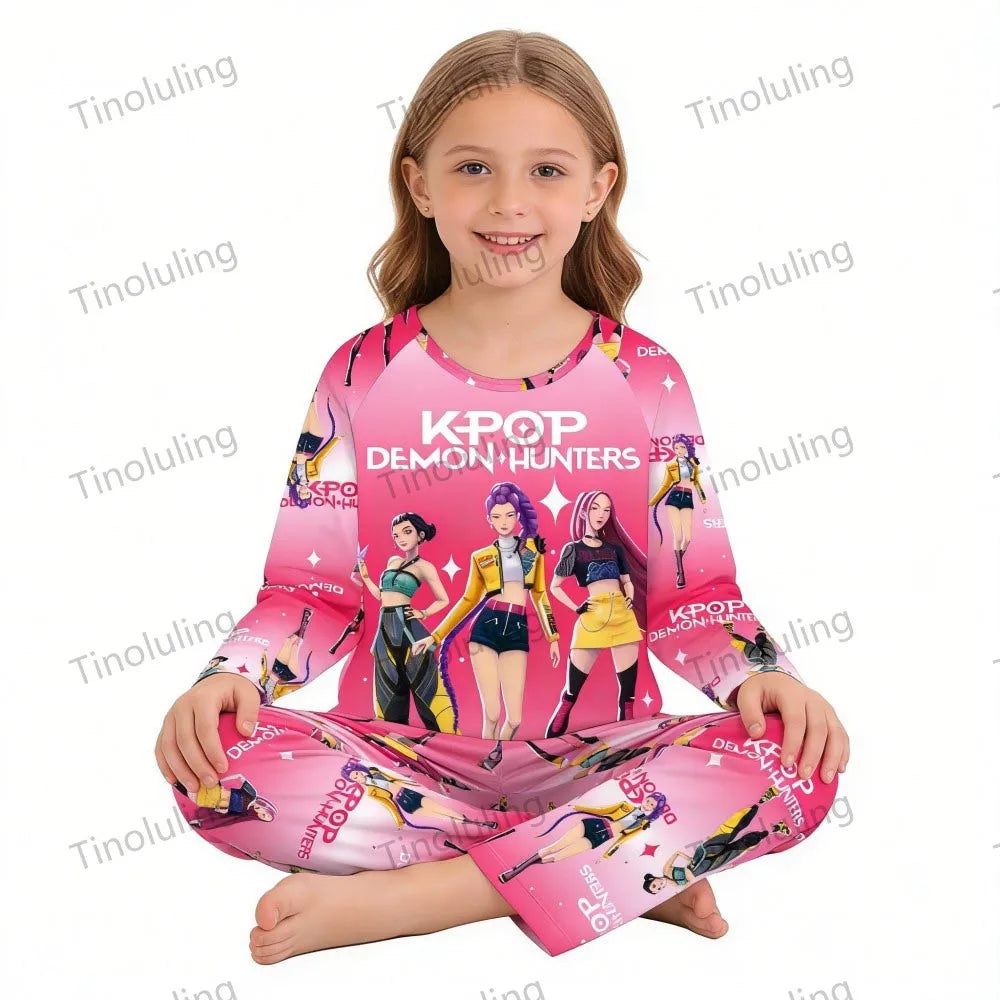 KPop Demon Hunters Huntrix Kids Pajamas Set Long Sleeve Girls Clothing 2pcs Children's Sleepwear Cartoon Boys Nightwear 3-14Y