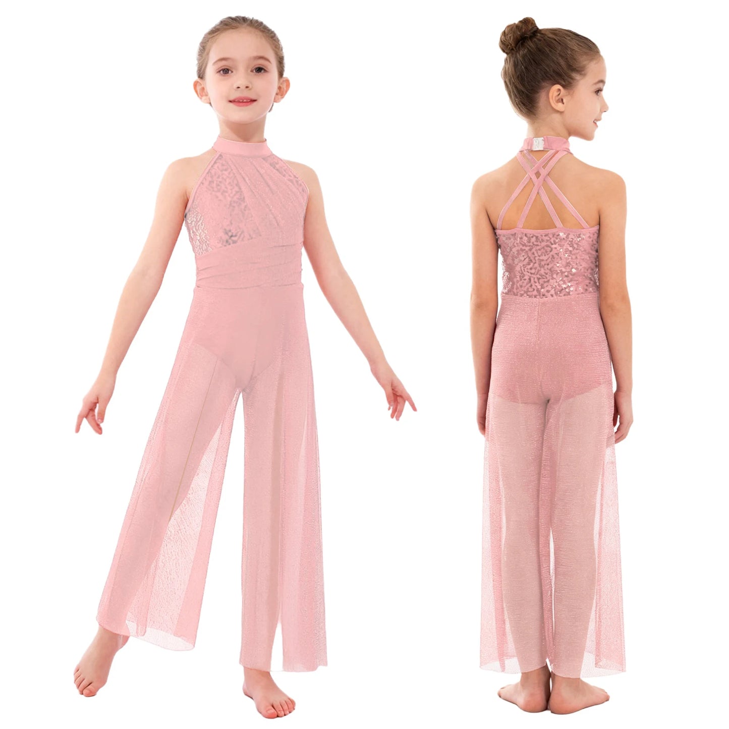 Children Girls Modern Lyrical Dance Jumpsuit Sleeveless Shiny Sequin Mesh Split Ballet Figure Skating Gymnastic Leotard Bodysuit
