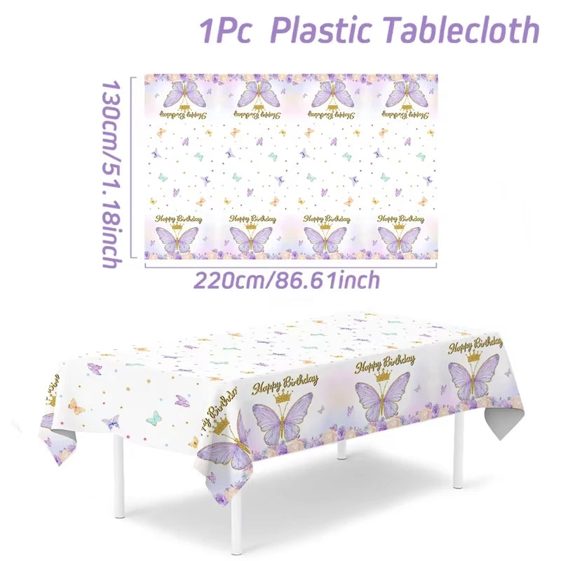 Purple Butterfly Party Decoration Disposable Paper Plates Napkins Cups Straw Tableware Set for Butterfly Birthday Party