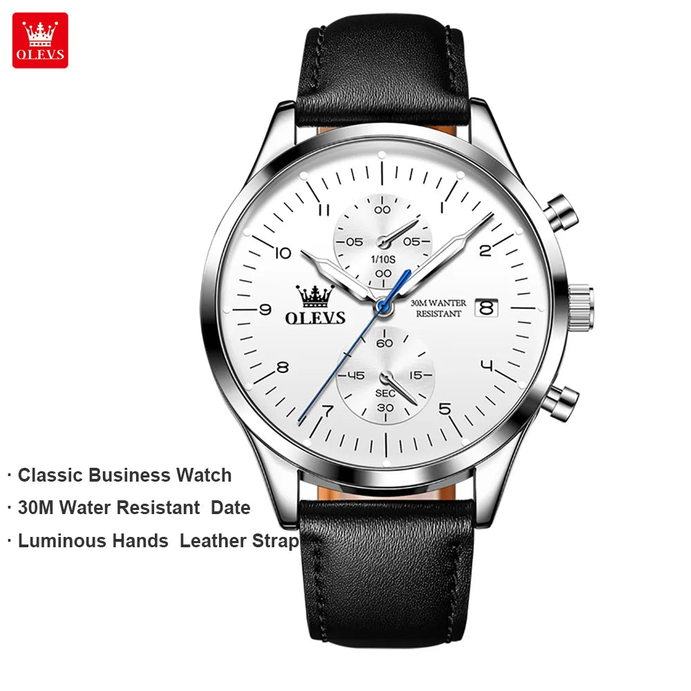 OLEVS 2880 Men Quartz Watch Business Dress Wristwatch Leather Luminous Date 30M Water Resistant Chronograph Style Dial