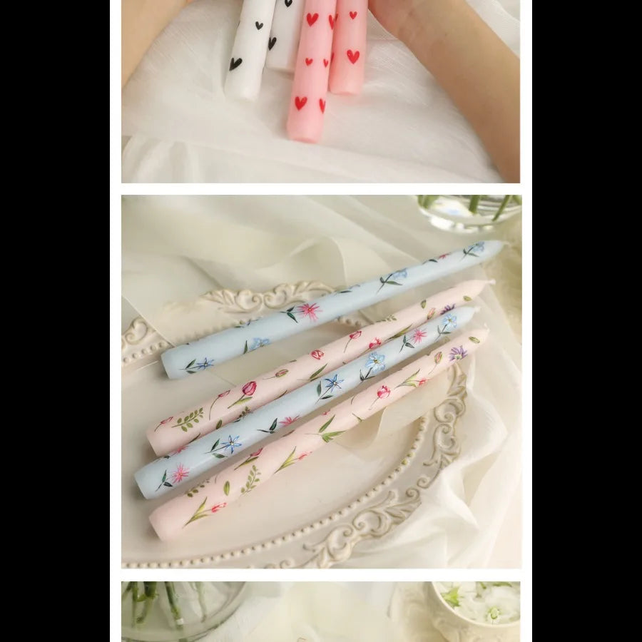 2pcs/Box 9.85in Taper Scented Candles Romantic Hand Painted Rose Long Candle For Home Decoration Candle Wedding Decoration