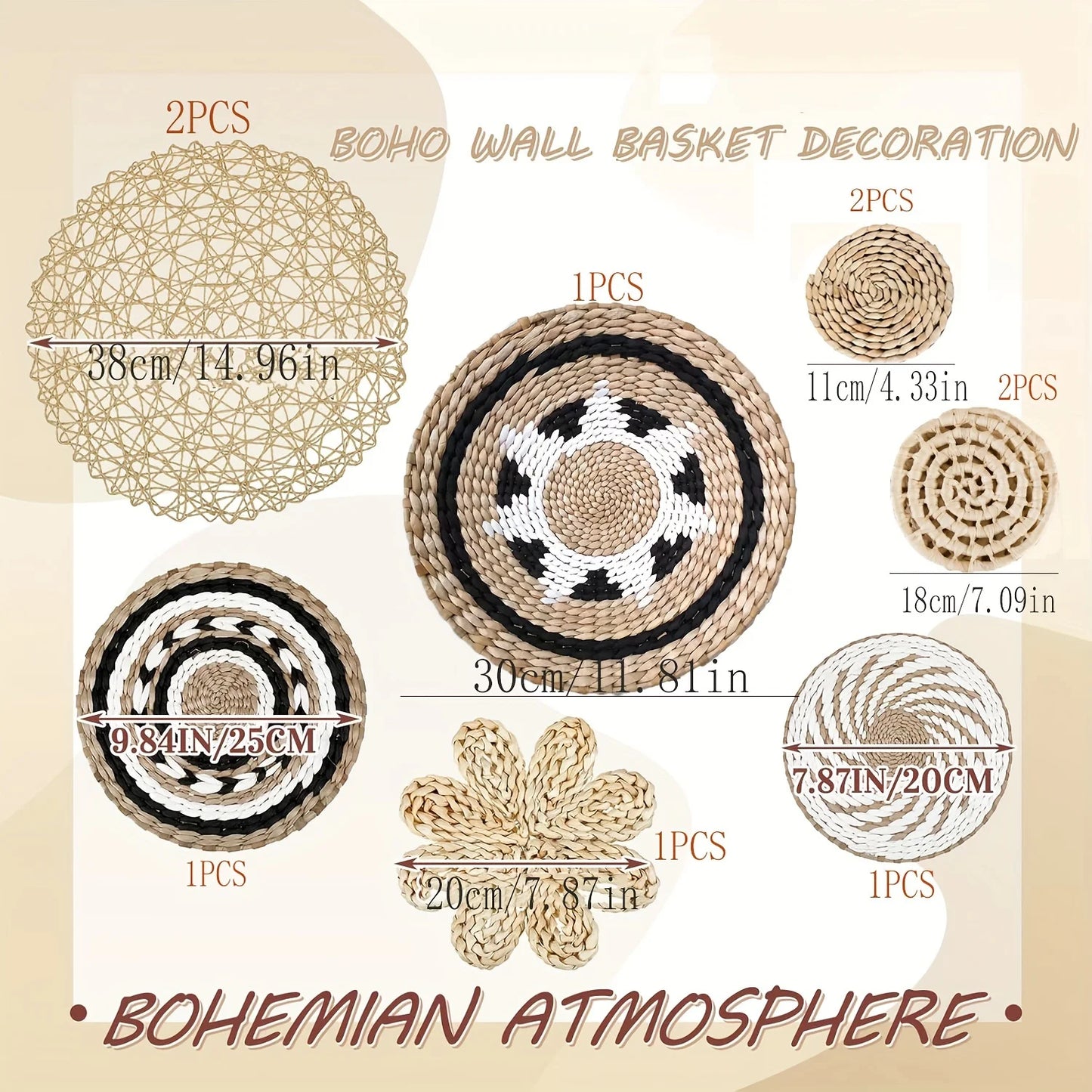 10Pcs Handcrafted Bohemian Style Wall Basket Decorative Woven Rattan Flat Wall Basket Decoration Bedroom Living Room Dining Room
