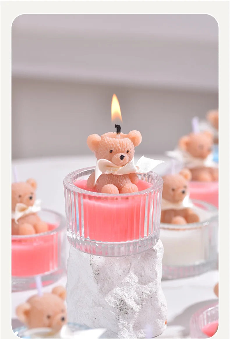 Scented Luxury Teddy Bear Soy Candle in Glass Jar with Ribbon, Creamy Pastel Gifts for Women, Bridal Shower & Holiday Favors