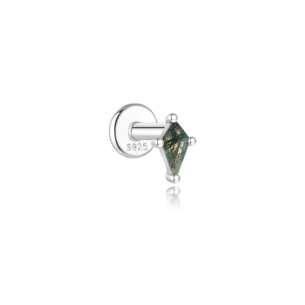 AIDE Water Grass Agate 925 Sterling Silver Flat Head Thread Piercing Earring Green Moss Piercing Ear Bone Earring Jewelry 1pc