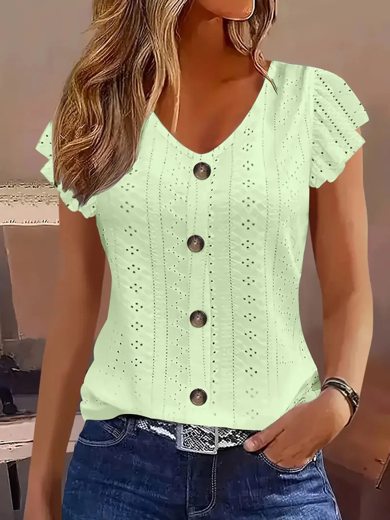 2025 Spring/Summer new women's fashion stylish commute casual solid color multi-color ruffle sleeve V-neck T-shirt