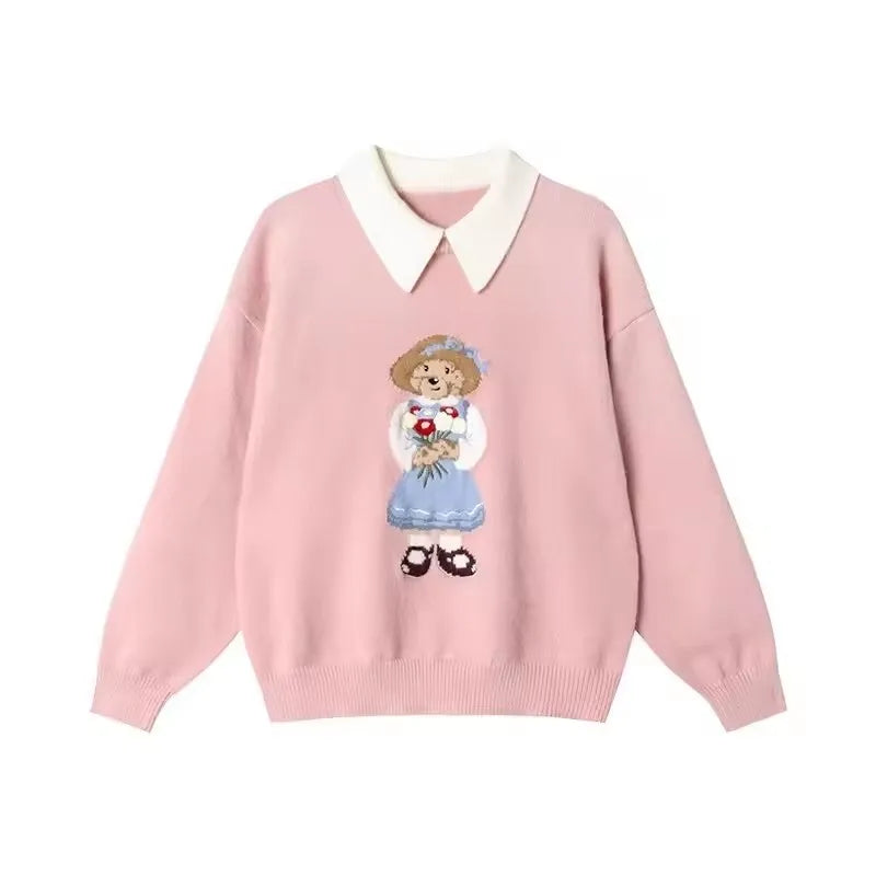 High Street Luxury French Ladies Embroidery Bear Knitted Pullover Sweater For Women Fashion Casual Knitwear Tops Pull Femme