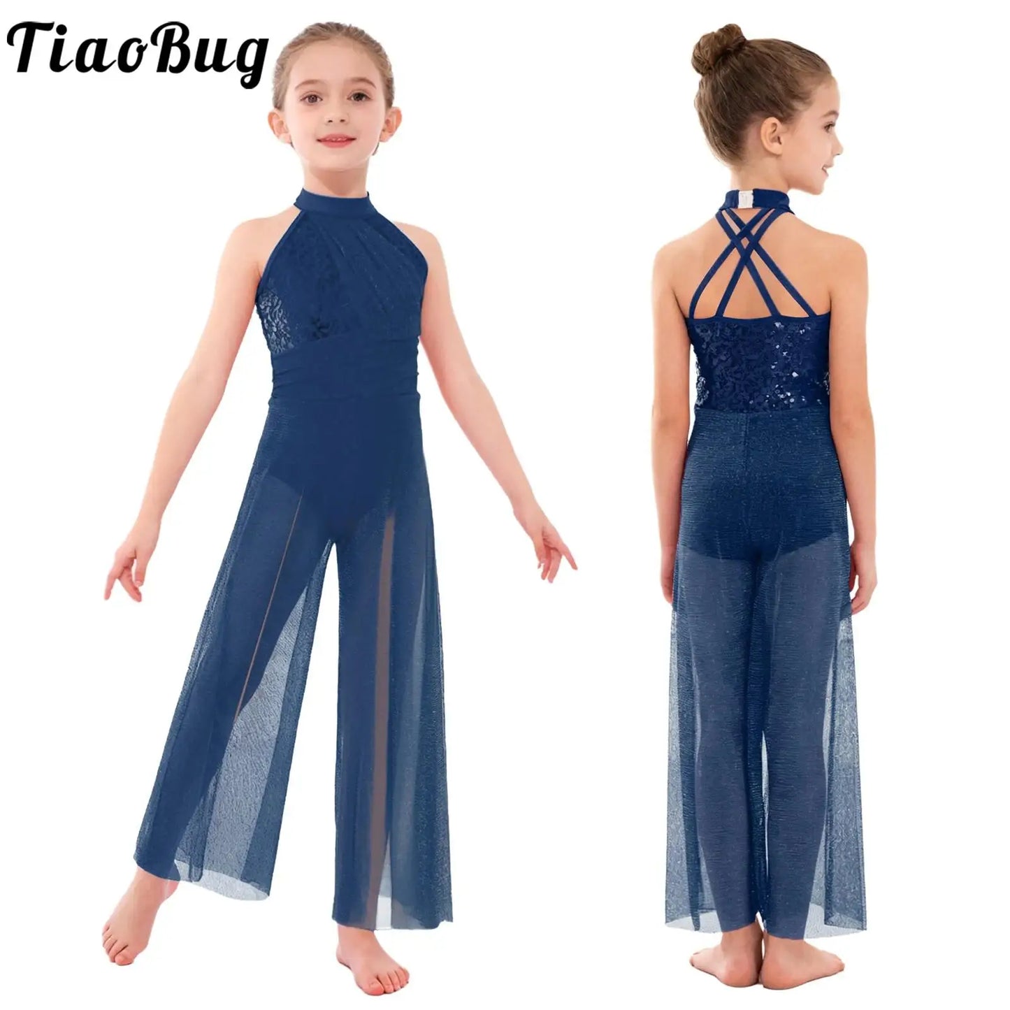 Children Girls Modern Lyrical Dance Jumpsuit Sleeveless Shiny Sequin Mesh Split Ballet Figure Skating Gymnastic Leotard Bodysuit