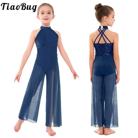 Children Girls Modern Lyrical Dance Jumpsuit Sleeveless Shiny Sequin Mesh Split Ballet Figure Skating Gymnastic Leotard Bodysuit