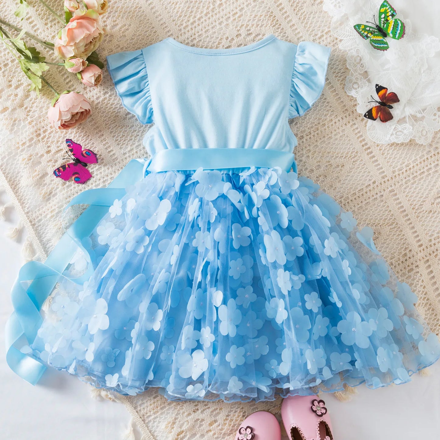 Hello Kitty Girls Summer Dress Cartoon Bow Tutu Dress 3D Butterfly Cute Cotton Party Casual Dress for Baby 2-6 Years