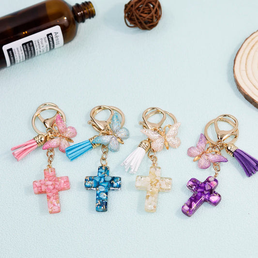 Exquisite Cross Butterfly Keychain Cute Resin Christian Cross Key Ring Purse Bag Pendant Car Key Accessories Women Party Gift