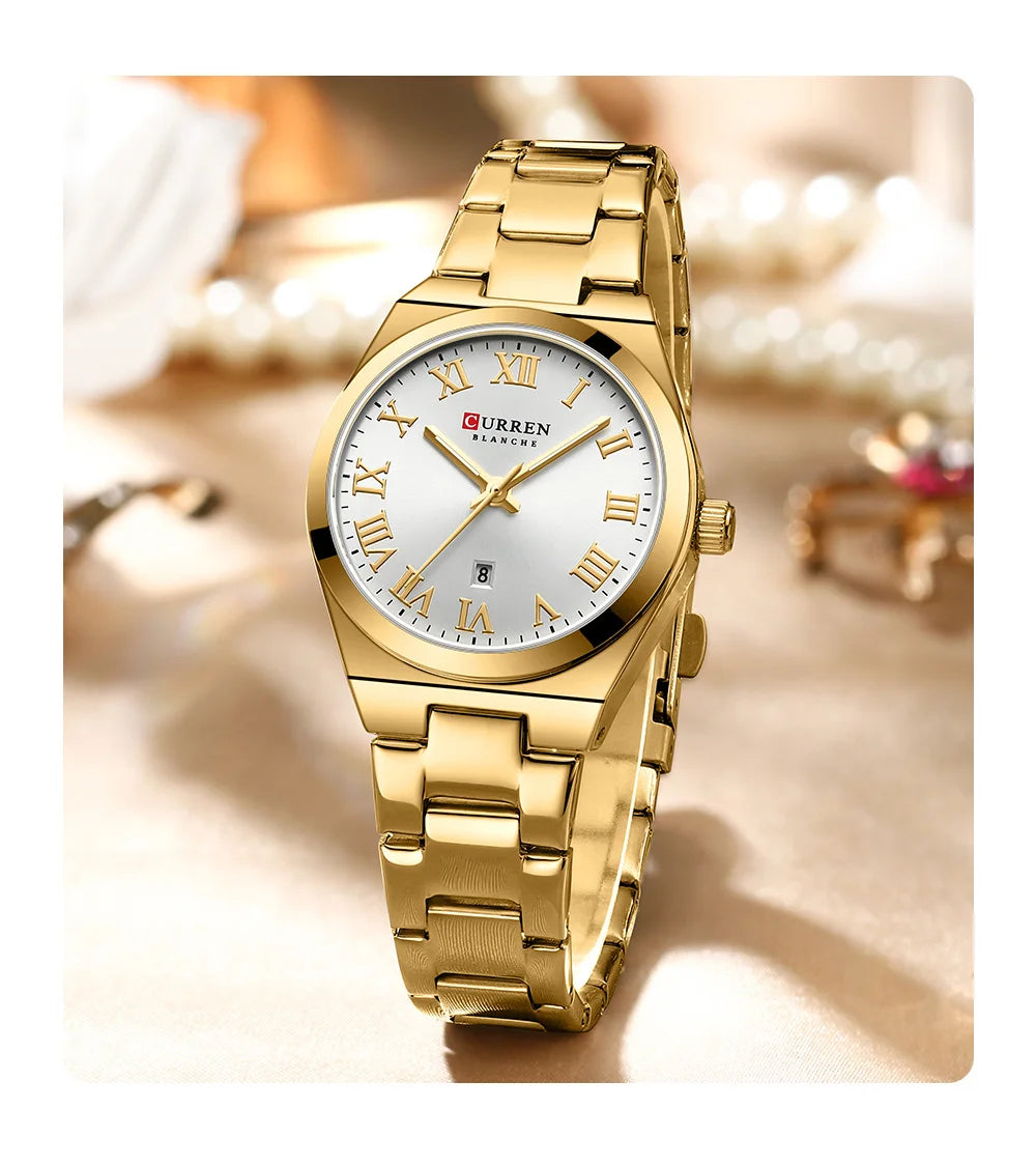 CURREN Fashionable Quartz Watches for Women Roman Numerals Simple Elegant Stainless Steel Braclete Ladies Wristwatch