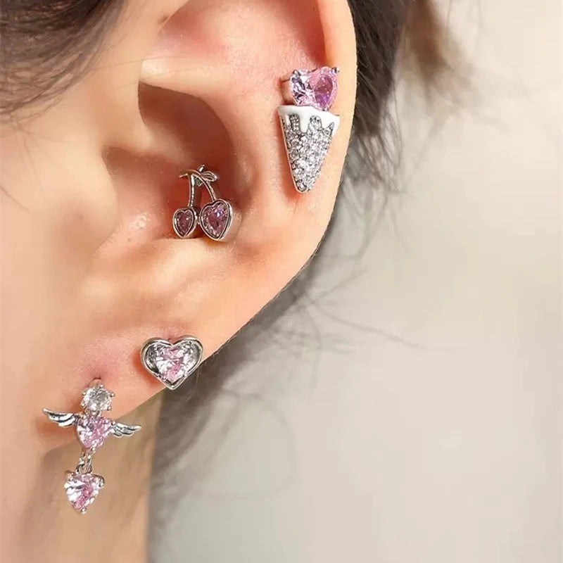 1 PCS Korean Style Cute Pink Zircon Crystal Ear Bone Nail 316L Stainless Steel Kpop Earrings for Women Cartilage Jewelry Gift