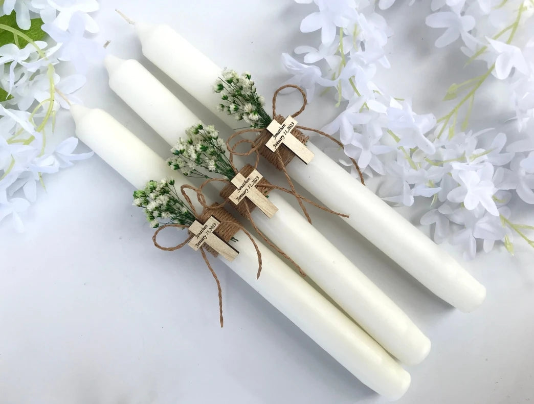 3pcs Personalised Christening Baptism Candle Naming Day Memory Keepsake Gift Unisex Boy Girl, Godparents, Custom Wood Cross
