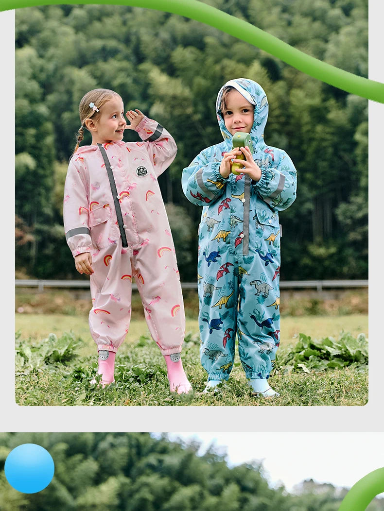 Camouflage Print Kids Raincoat With Visor Hood Reflective Strips Waterproof Toddler Cute Animal Outdoor Travel Coverall Raincoat