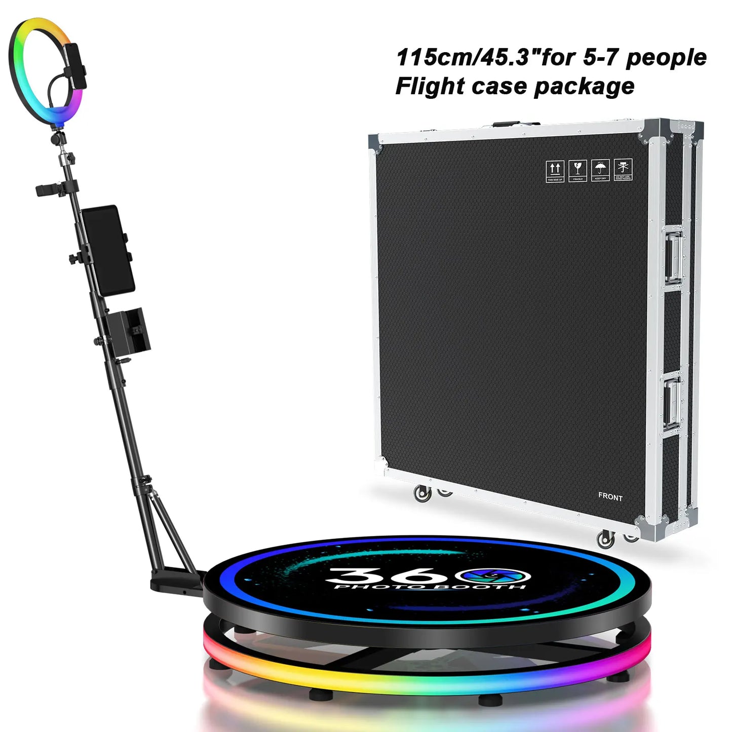 360 Photo Booth Automatic Rotating Photo Booth Machine Ring Light for Party Wedding Rental with RGB Light & Flight Case