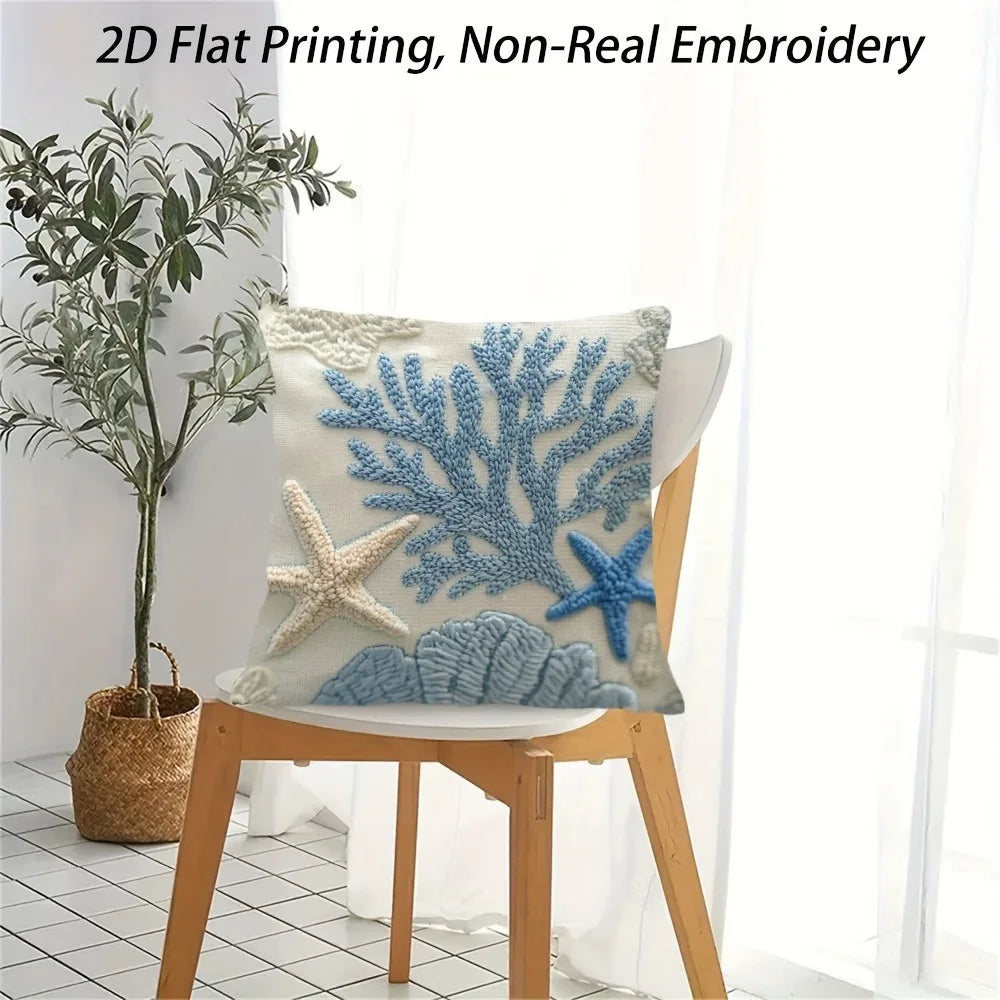 Coastal Coral Starfish Pillow Cover 2D Faux Embroidery Print Nautical Ocean Beach Cushion Case for Sofa Bed Couch Summer Home