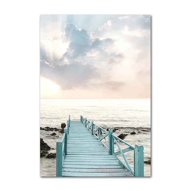 Beach Sea Ocean Canvas Wall Art Poster Bridge Leaves Turtle Seagull Print Painting Vibrant Summer Picture Nordic Home Decoration