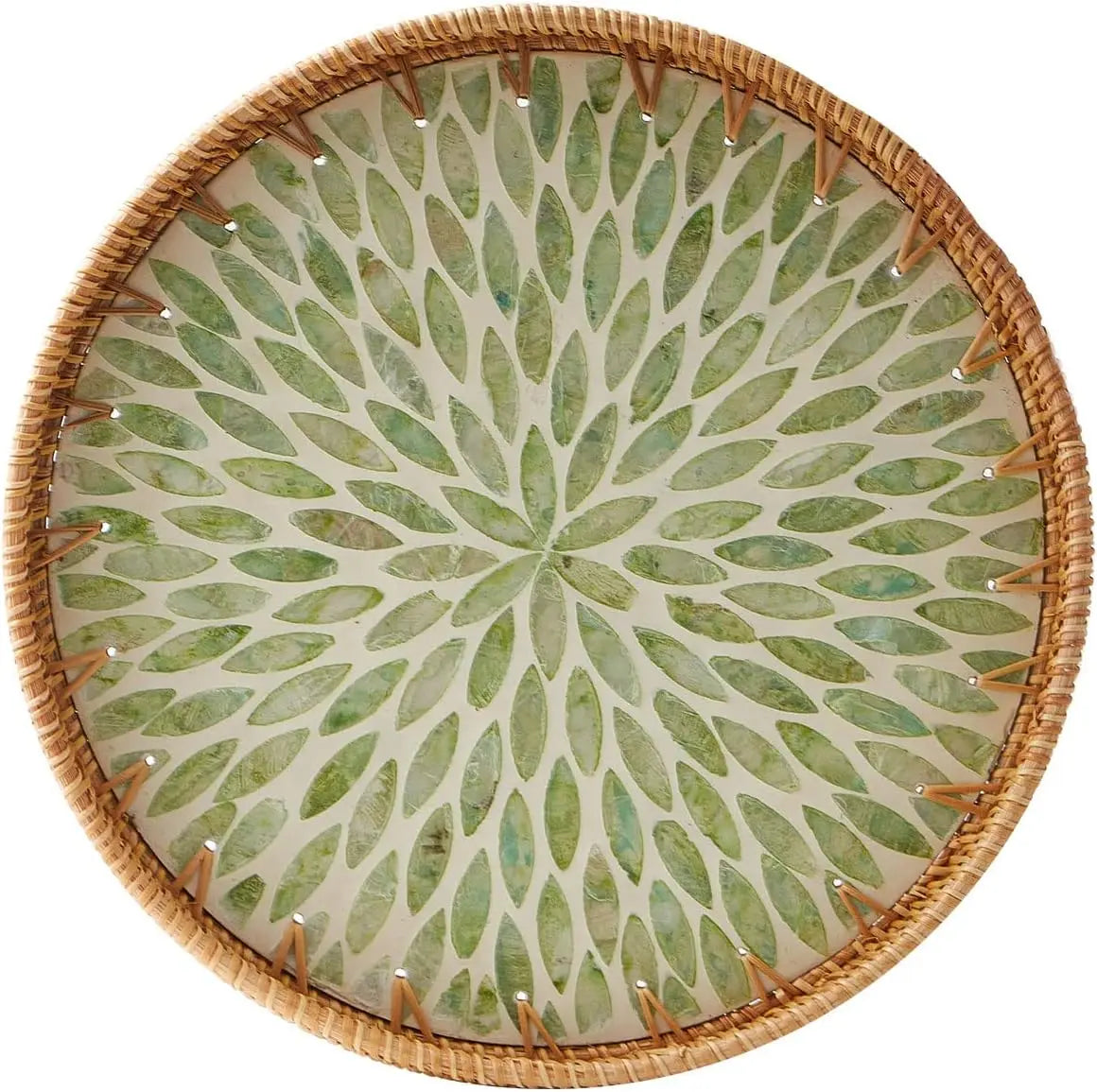 Round Rattan Tray with Mother of Pearl Inlay Rattan Serving Tray Wooden Base Storage and Display of Coffee Bread Food Fruit