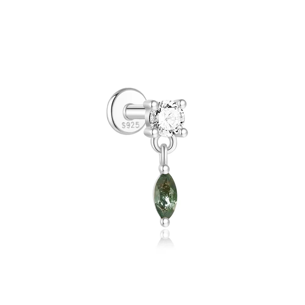 AIDE Water Grass Agate 925 Sterling Silver Flat Head Thread Piercing Earring Green Moss Piercing Ear Bone Earring Jewelry 1pc