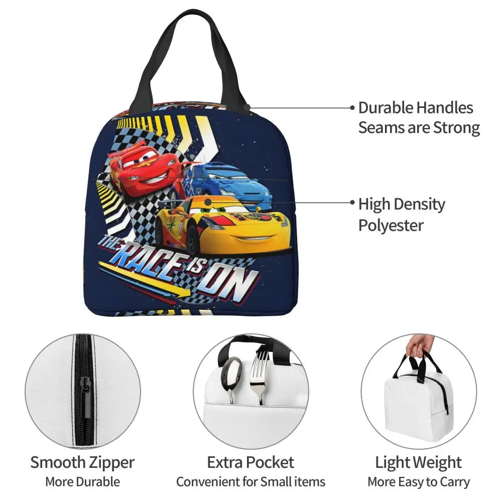 Custom Car 95 Lightning Mcqueen Insulated Lunch Bag for Women Resuable Racing Car Thermal Cooler Bento Box Office Picnic Travel