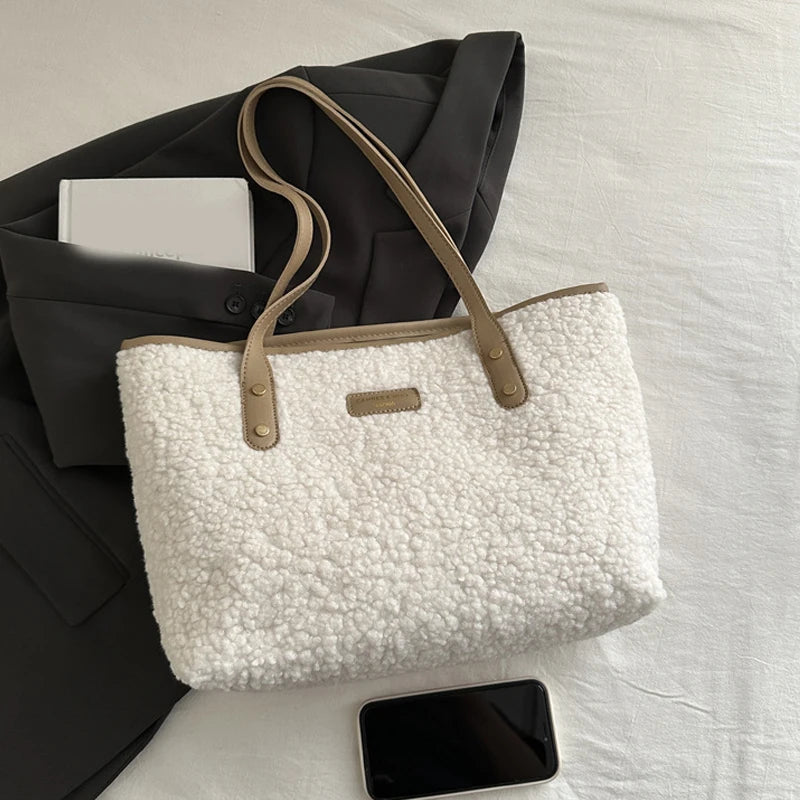 Soft Handbag Large Capacity Fall Winter Shoulder Bag Women Lamb Wool Tote Bag Zipper Closure Casual Shopping Traveling Tote