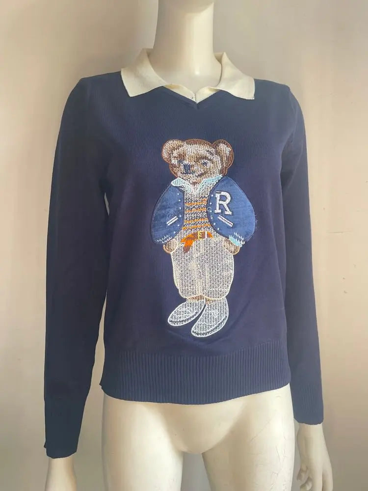 European Style Luxury Brand Loose O-Neck Bear Pullover Tops Knitwear Woman Short Sleeve T-shirt Ladies Wool Knitted Sweater
