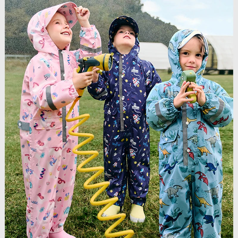 Camouflage Print Kids Raincoat With Visor Hood Reflective Strips Waterproof Toddler Cute Animal Outdoor Travel Coverall Raincoat
