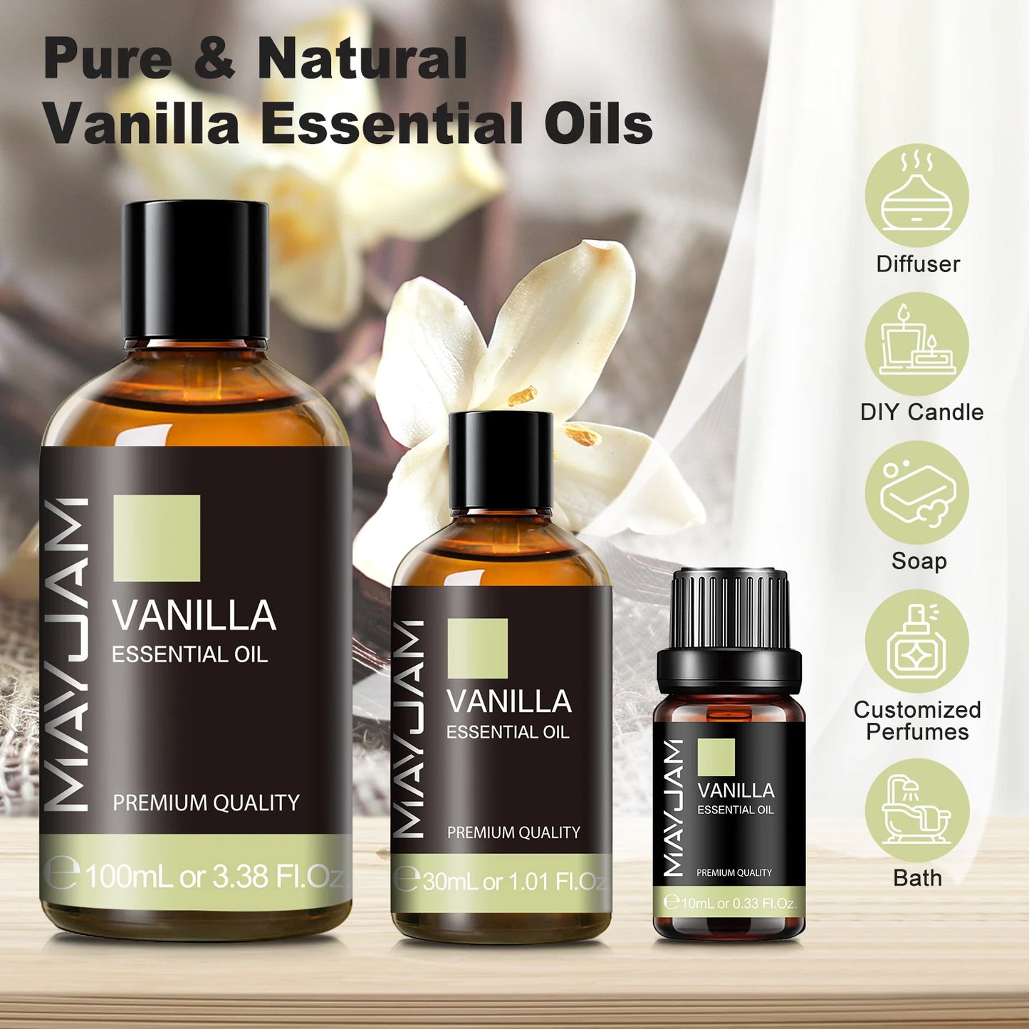 MAYJAM 10ml 30ml 100ml Essential Oil Bergamot Lavender Jasmine Eucalyptus Vanilla Sandalwood Fragrance Oil for Diffuser Candle