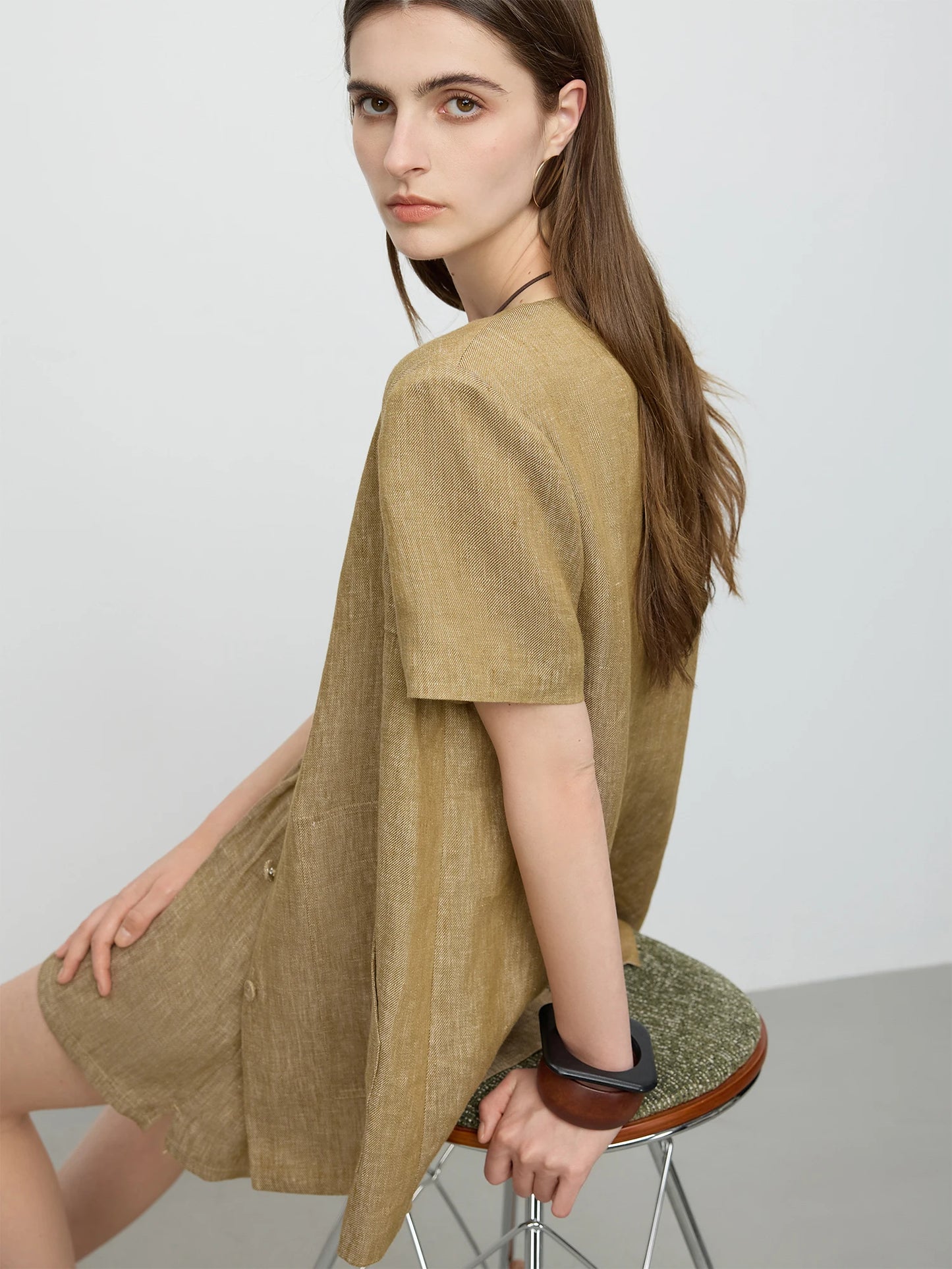FSLE【Premium Series】V-neck Casual Short-sleeved Shirt Set 2025 Summer 100% Linen Short-sleeved Top Shorts 25FE12092+25FE12093