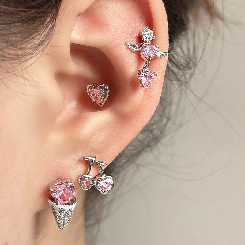 1 PCS Korean Style Cute Pink Zircon Crystal Ear Bone Nail 316L Stainless Steel Kpop Earrings for Women Cartilage Jewelry Gift