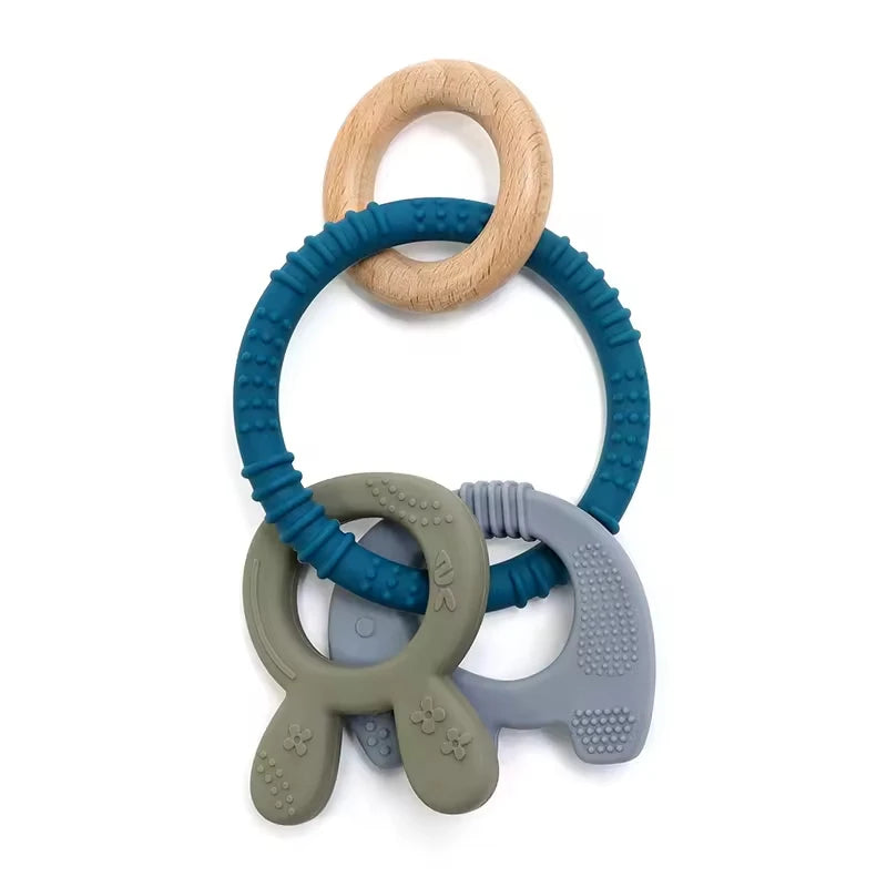 Baby Teething Toys Silicone Wooden Ring Teether BPA Free Cute Elephant Babies Chew Toy for Boys and Girls Newborn Gifts