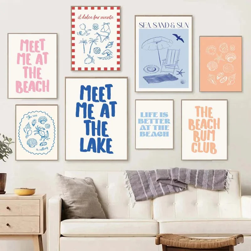 Seashells Meet Me At The Beach Poster Summer Sea Bikini Coastal Quotes Canvas Painting Trendy Wall Art Room Home Decor