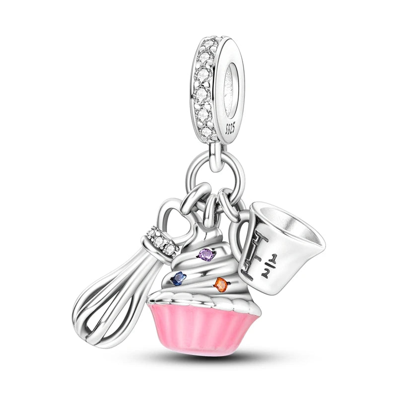 925 Sterling Silver Pink Series Charms Bow Tie Girl Cake Princess Beads Pendant Fit Original Bracelet DIY Jewelry Gift For Woman