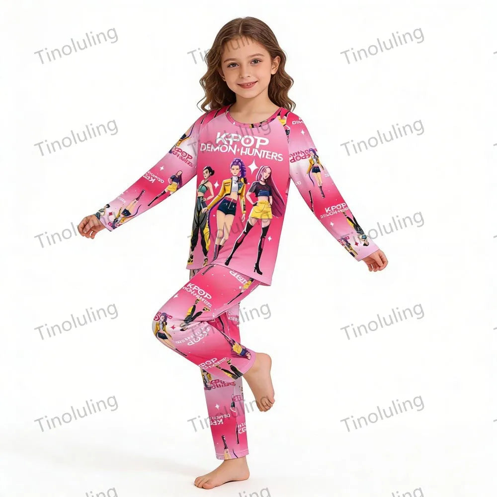 KPop Demon Hunters Huntrix Kids Pajamas Set Long Sleeve Girls Clothing 2pcs Children's Sleepwear Cartoon Boys Nightwear 3-14Y