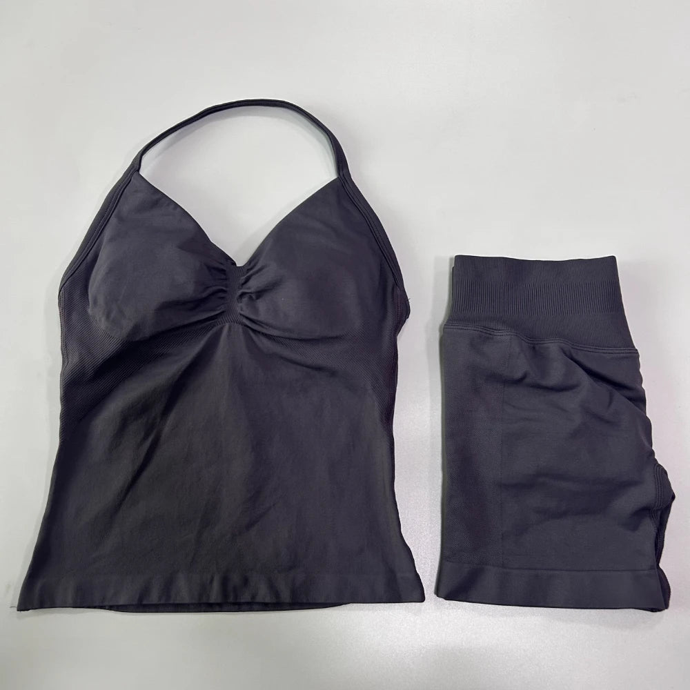 2Pcs Gym Set Women Backless Tank Tops High Waist Scrunch Seamless Shorts