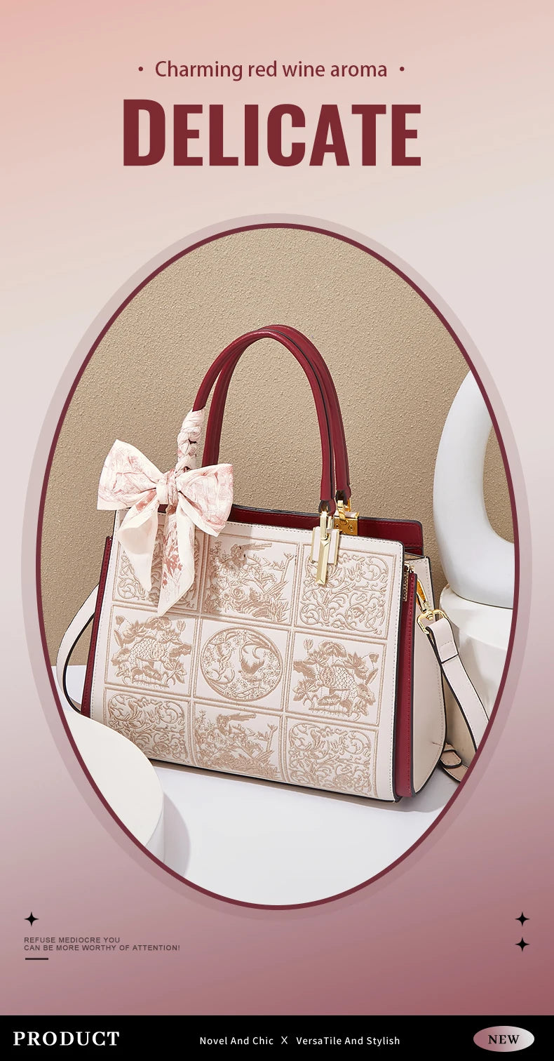 FOXER Split Leather 2026 New Large Tote Handbag Women's Shoulder Bag Chinese Classic Embroidery Best Gift for Mom