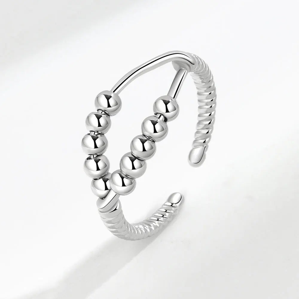 Vintage Round Beads Rotating Anti Stress Ring For Women Twisted Fidget Metal Spinner Anxiety Relief Spinning Ring Bague Femme