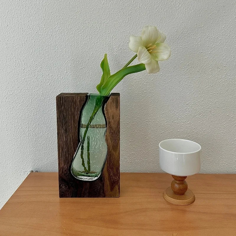 Green Glass Vase with Solid Wood Base Wabi-Sabi Style Rustic Floral Display Jar for Chinese New Year Entryway Flower Decoration