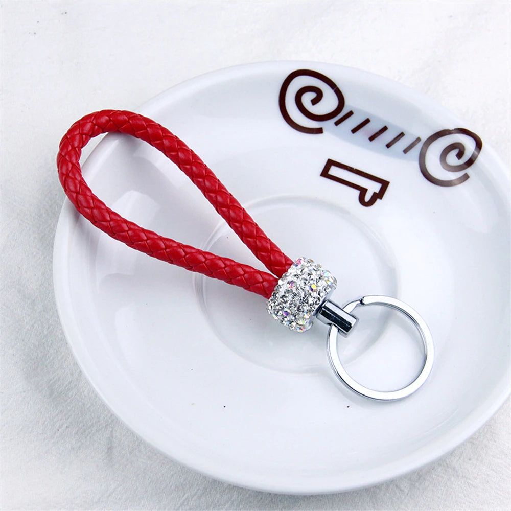 Creative Hand Woven Leather Car Keychain With Diamond Women Men Wallet Backpack Charm Bling Crystal Rope Keyring For Couple Gift