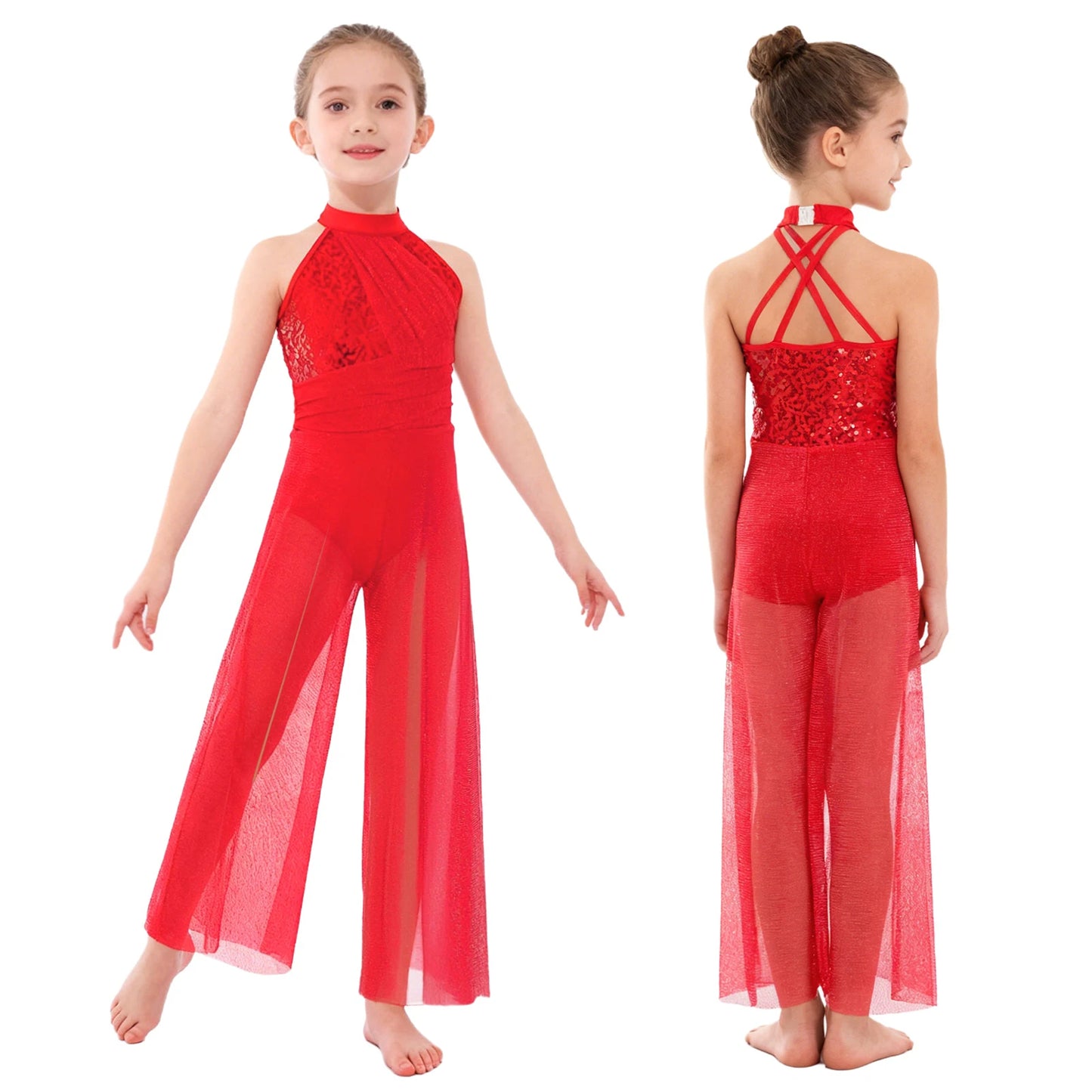 Children Girls Modern Lyrical Dance Jumpsuit Sleeveless Shiny Sequin Mesh Split Ballet Figure Skating Gymnastic Leotard Bodysuit