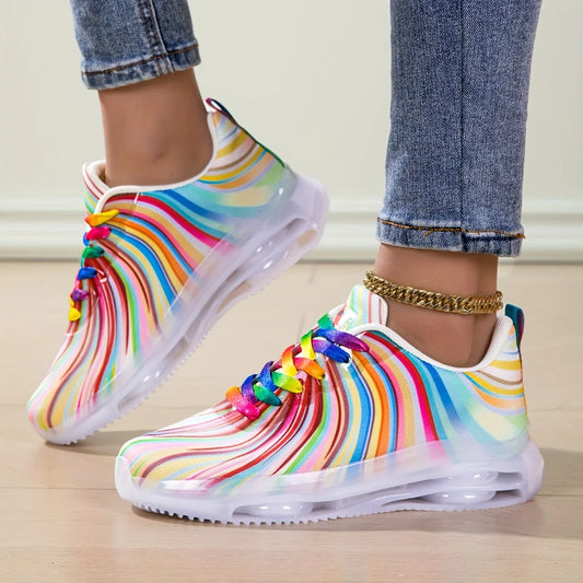Women's Rainbow Stripe Casual Sports Shoes Summer Mesh Fashion Flat Beach and Leisure Holiday Lace-up Running Shoes for Ladies