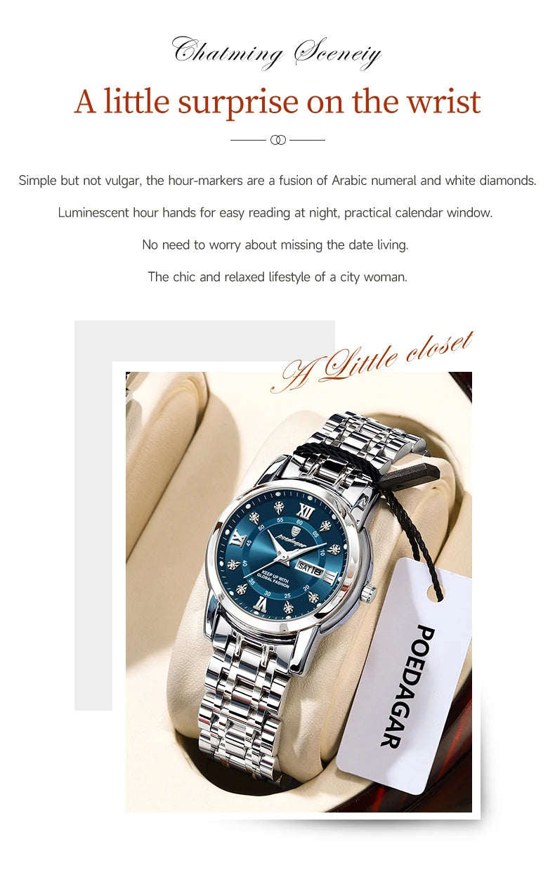 POEDAGAR Luxury Women Wristwatch Waterproof Luminous Date Week Women's Watches Stainless Steel Elegant Dress Quartz Ladies Watch
