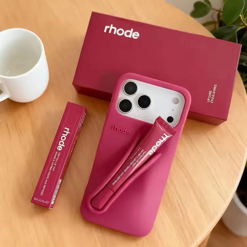 RHODE lip gloss, suitable for iPhone 11/13/14/15/16/17 Pro Max Plus, makeup lip gloss silicone protective cover, with lip gloss