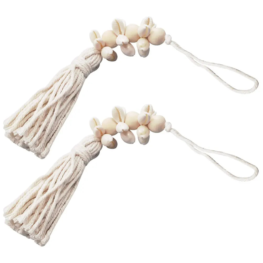 2Pcs Exquisite Boho Seashell Wood Bead String Pendant with Seashells Cotton Tassels Farmhouse Wall Hanging Decor Gifts