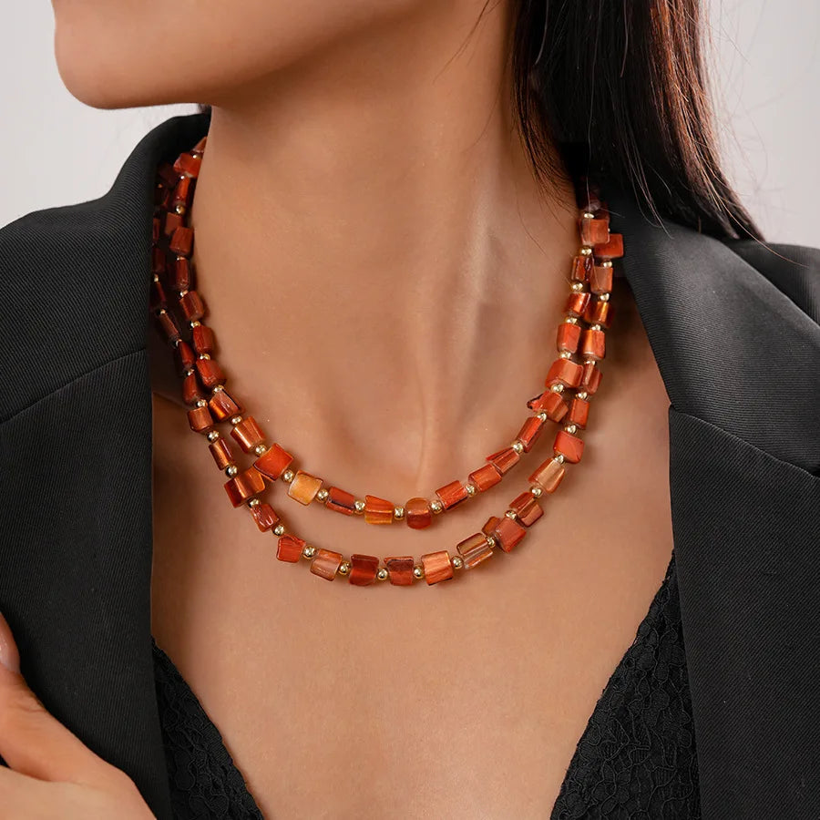 Boho Double-layer Shell Long Necklace for Women Vintage Irregular Beads Necklace Female Summer Vacation Jewelry Holiday Gifts