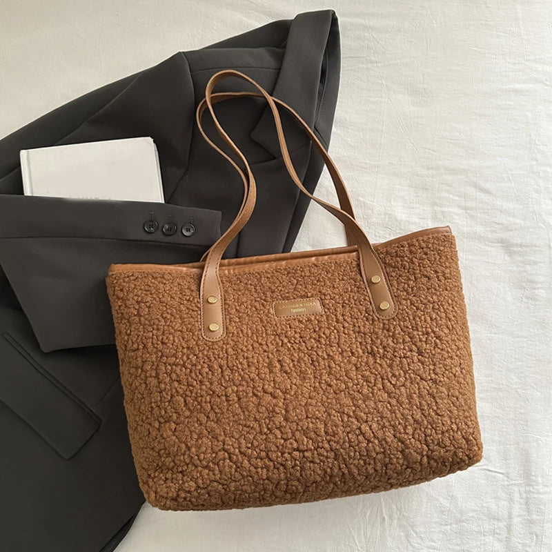 Soft Handbag Large Capacity Fall Winter Shoulder Bag Women Lamb Wool Tote Bag Zipper Closure Casual Shopping Traveling Tote