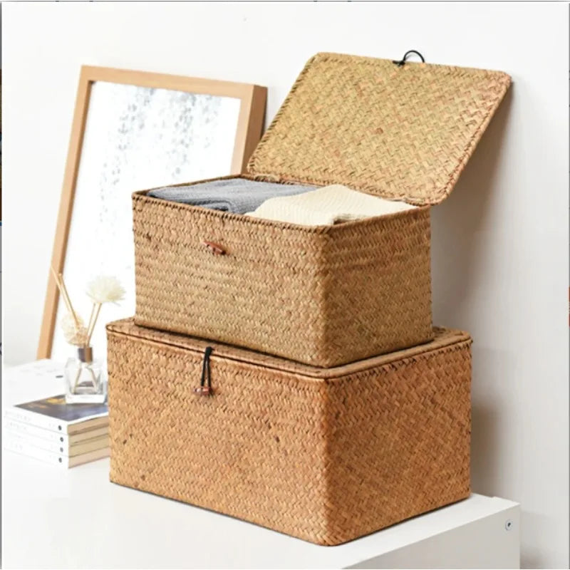 +Handwoven Seagrass Shelf Basket with Lid, Rectangular Desktop Organizer for Makeup & Sundries