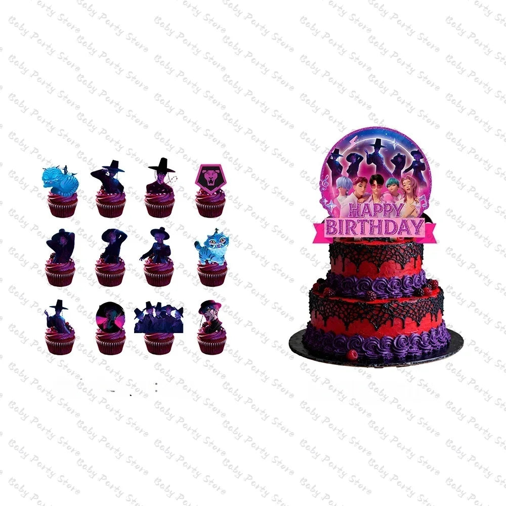 Demon Hunters Paper Cupcakes Topper Decor Birthday Cake Topper Set K-pop Anime Movie Demon Hunters Girls Party Cake Decora