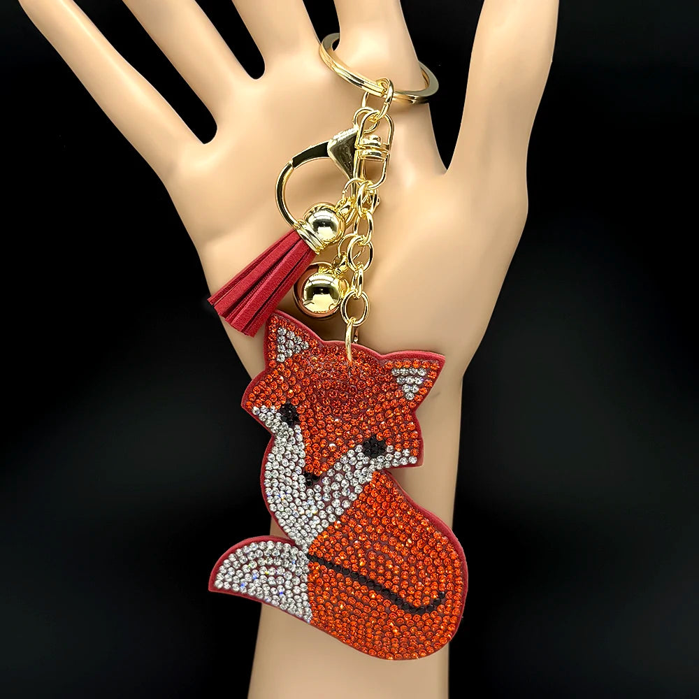 Orange Fox Sexy Accessory Hot Keyring For Women Men Tassel Full Crystal Trendy Bag Pendant Backpack Keyholder Jewelry Accessory