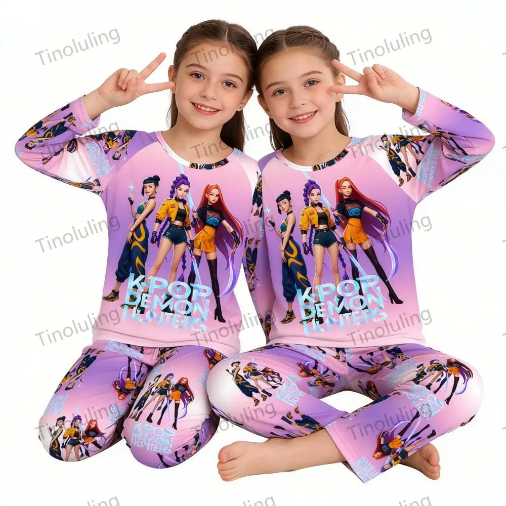 KPop Demon Hunters Huntrix Kids Pajamas Set Long Sleeve Girls Clothing 2pcs Children's Sleepwear Cartoon Boys Nightwear 3-14Y
